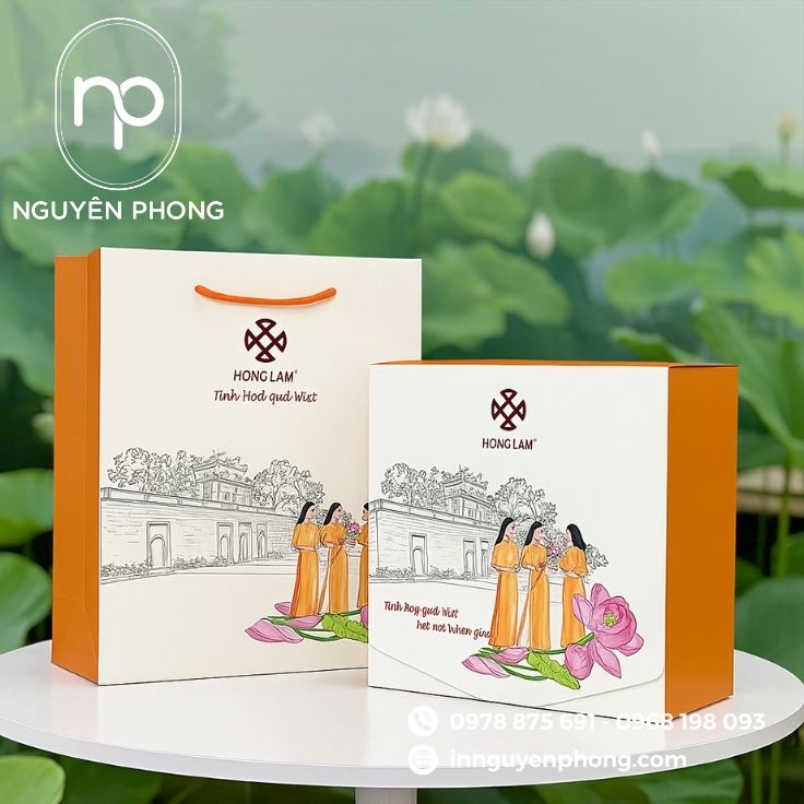 Mẫu túi giấy đựng ô mai kèm hộp giấy đồng bộ 